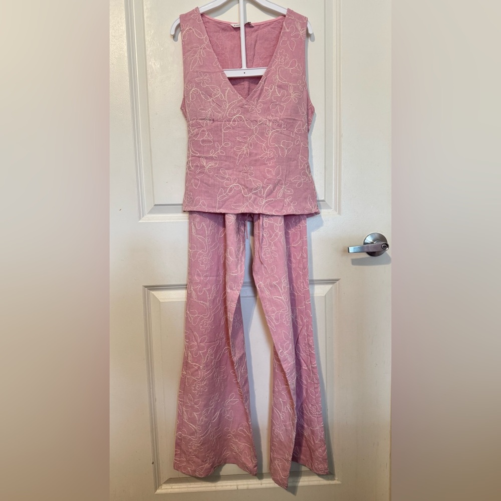 Stradivarius Pastel Pink Linen Blend Set- Top and Slim Straight Pants